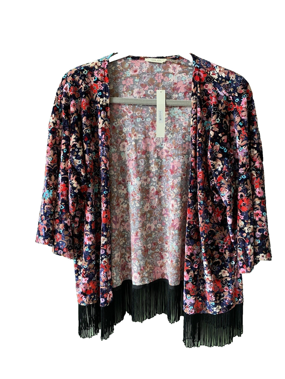 San Joy Womens Size Large NEW Colorful Floral Bohemian Cardigan Festival Fringe